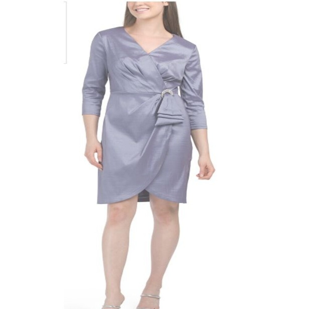 Alex Evenings Satin 3/4 Sleeve Faux Wrap Sheath Dress Sz 16 Lavender